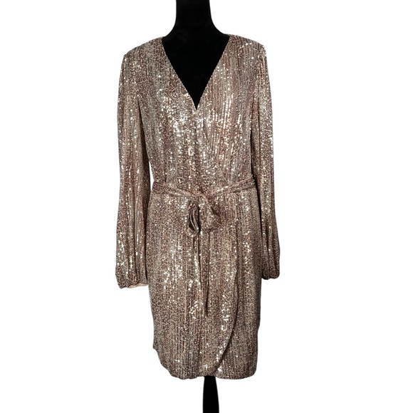 Venus Beige Sequin Cocktail Dress Faux Wrap Tan Metallic V-Neck Balloon Sleeves - Picture 17 of 17